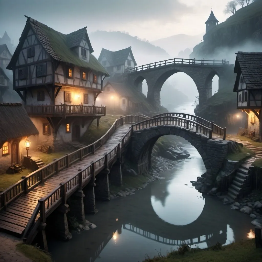 Prompt: Dramatic fantasy settlement scene, cinematic lighting, foggy, small settlement, bridge and river, detailed architecture, mystical atmosphere, fantasy, atmospheric lighting, highres, detailed, cinematic, dramatic, foggy setting, ancient bridge, mystical settlement, fantasy art, atmospheric fog, ethereal lighting