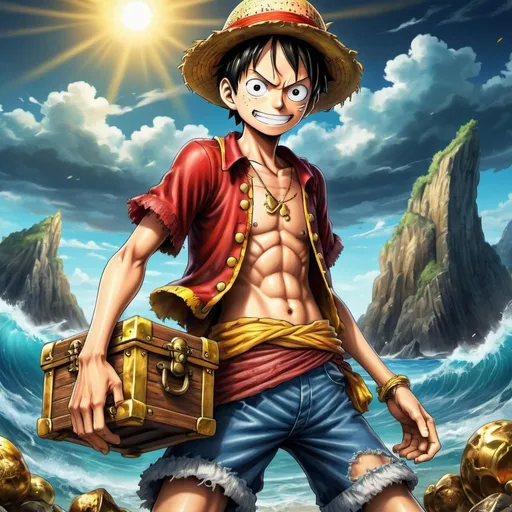 Prompt: Luffy with a treasure, vibrant and dynamic colors, high quality, anime, pirate style, straw hat, intense and determined gaze, golden treasure chest, ocean backdrop, dramatic lighting, cool tones, detailed shading, ultra-detailed, adventurous, professional illustration