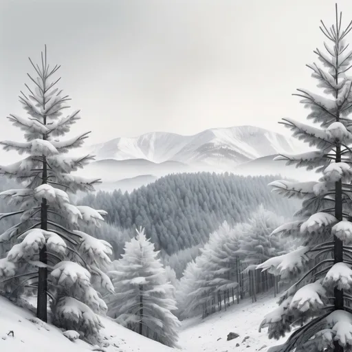 Prompt: realistic photography seamless landscape of a snowy pine forest with mountains faded into a white sky

