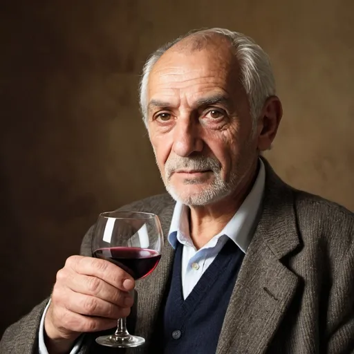 Prompt: A portrait of A chique older south European man holding a glass of wine. 