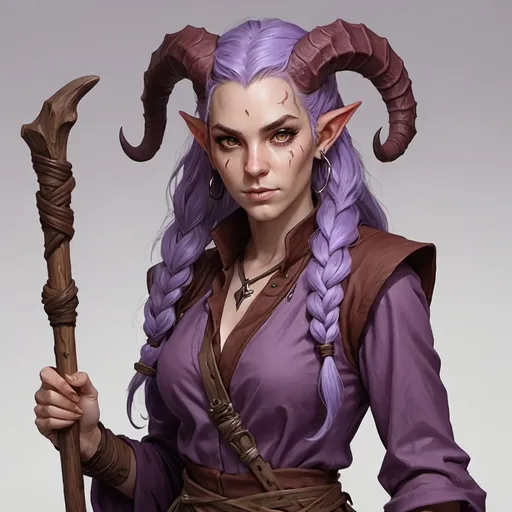 Prompt: Warlock tiefling, lavender open long hair with some braids, wooden staff, 25 years old female, brown clothes