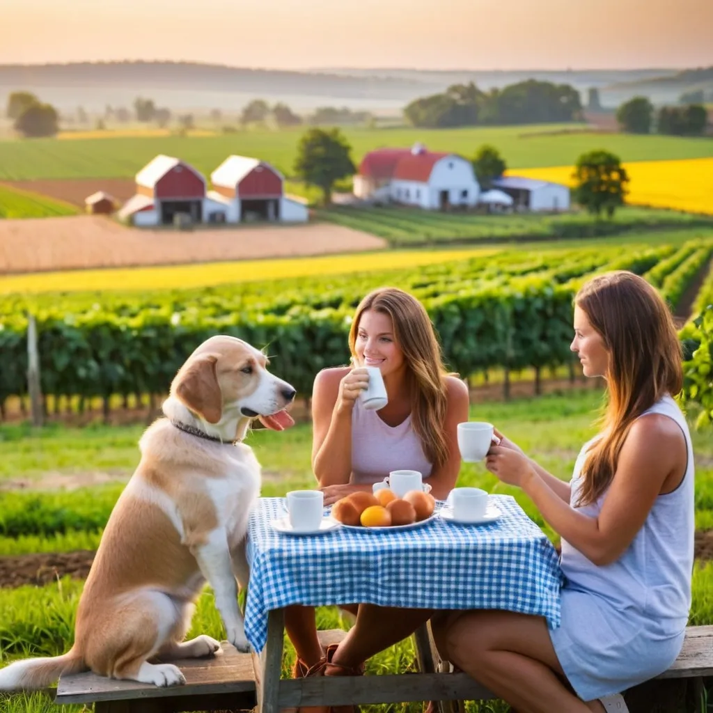 Prompt: photograph of two young women and a puppy enjoying a morning coffee overlooking a beautiful farm in the distance. farm at dawn environment. 