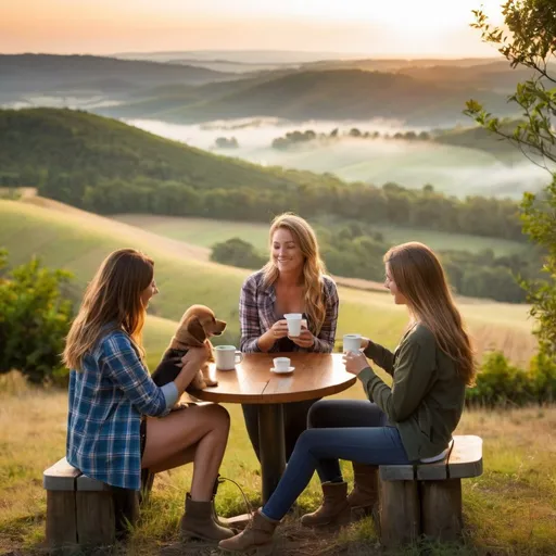 Prompt: photograph of two young women and a puppy enjoying a hot steaming morning coffee overlooking rolling hills and woodlands in the distance. nature at dawn environment. 