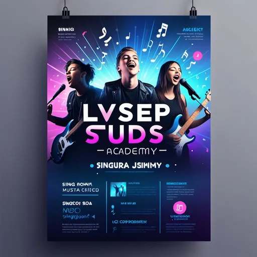 Prompt: Flyer Concept Description

Theme:
A modern and electrifying music studio vibe with young, energetic individuals passionately singing or playing musical instruments.

Layout:

Background: A sleek, dark gradient background (black fading into deep blue) with subtle sparkles or glowing music notes scattered.

Title Placement: Centered at the top, featuring SingStar Academy in a glowing neon-styled font (blue and pink hues).

Central Visual:

A group of young, happy individuals (preferably Asian/Chinese) singing into microphones in a brightly lit, professional music studio.

Include a person playing a keyboard or guitar, positioned slightly to the side to emphasize collaboration.


Tagline: Beneath the title, in elegant, vibrant cursive text:

“Sing Your Heart Out – Become the Star You Were Meant to Be!”


Call to Action:

A vibrant button-like design at the bottom of the flyer in bright pink, reading:

“Sign Up Today for Your Free Trial Lesson!”

Include a QR code next to this section for instant registration.




Colors:

Background: Deep blacks and blues.

Text: Vibrant blues, pinks, and whites for readability.

Highlight Effects: Neon glows around key text and visuals.


Additional Elements:

Small icons representing music (e.g., treble clefs, microphones, musical notes) subtly layered in the background.

Contact details (phone, email, and website) neatly arranged at the bottom, using bold, clean fonts.


Specifications:

Size: A5 (portrait orientation).

Style: Photo-realistic images combined with glowing, neon text and graphical enhancements.
