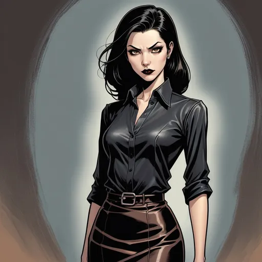 Prompt: Tall female vampire, oriental, brown almond shaped eyes, sleek black hair, modest black leather skirt, black silk shirt, small fangs, mysterious, detailed, dark colors, graphic novel illustration,  2d shaded retro comic book