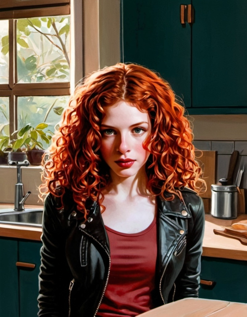 Prompt: Red curly hair, Irish decent, dark jean pants, red tank top, black leather jacket, kitchen, modern kitchen, dramatic, graphic novel illustration,  2d shaded retro comic book