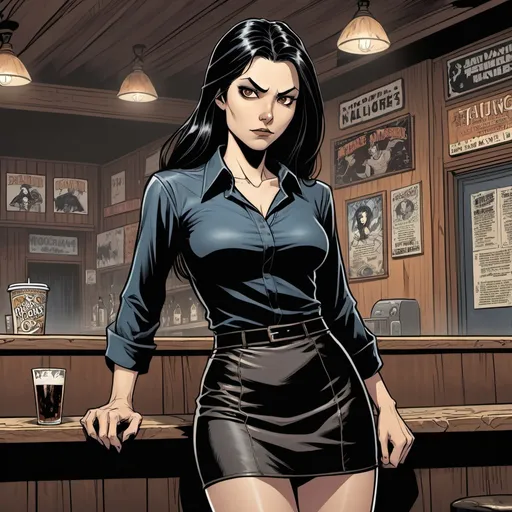 Prompt: Tall female vampire, oriental, brown almond shaped eyes, long sleek black hair, modest black leather skirt, black silk shirt, small fangs, no makeup, sad smile, athletic build, dive bar, dark booth, detailed, dark colors, graphic novel illustration,  2d shaded retro comic book