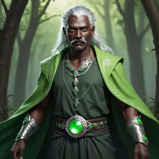 Prompt: full body image of a dark skinned human druid with bright green eyes, silver hair and silver mustache. 