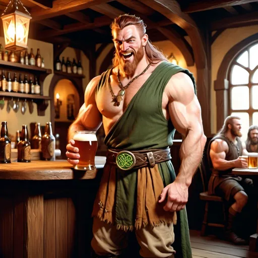 Prompt: full body muscular 30 year old handsome celtic male human druid snarling character holding a pint of ale in a tavern , fantasy character art, illustration, dnd, warm tone