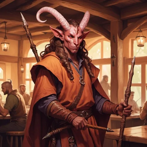 Prompt: tiefling druid character holding a quarterstaff in a tavern , fantasy character art, illustration, dnd, warm tone