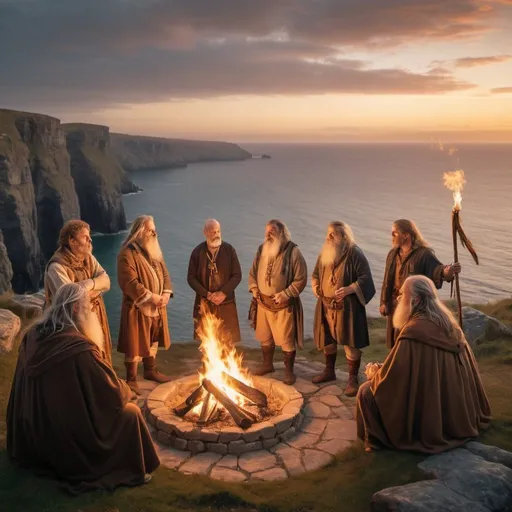 Prompt: a gathering of different aged male wizards are dressed in stone age irish garb standing near a fire near a cliff overlooking the ocean at sunset.
