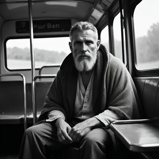Prompt: Photo of rugged male druid sitting on a bus, dramatic in the style of Dirk Braeckman, B&W