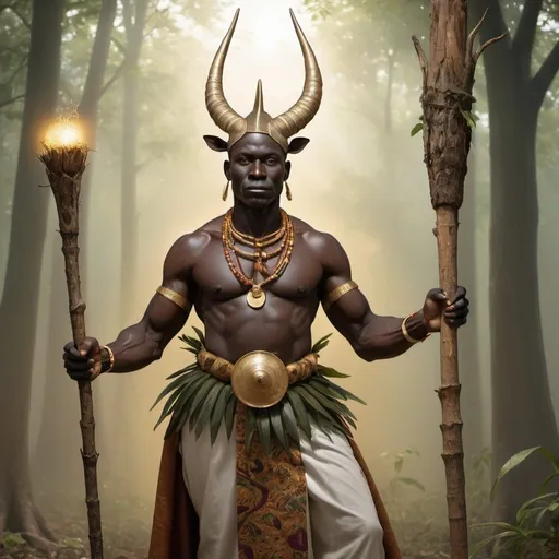 Prompt: full body, strong black male yoruba oba with glowing dark skin, shining golden eyes, and traditional nigerian clothing. he carries a quarterstaff of corkwood that has roots emerging from the bottom and small branches at the top. He has the horns of a roan antelope