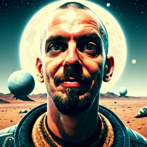 Prompt: propaganda poster illustration of a strong human male space explorer with a solemn look on his face standing in front of his ship on an alien planet with two moons in the background