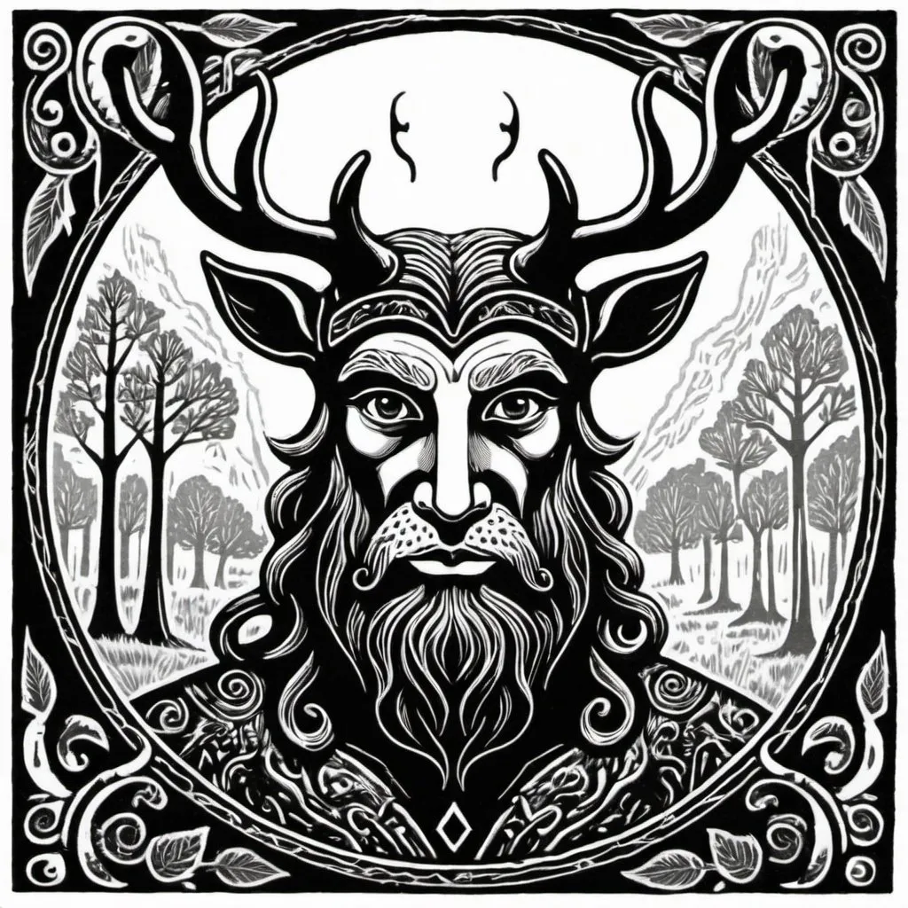 Prompt: linocut style, young cernunnos, black and white only