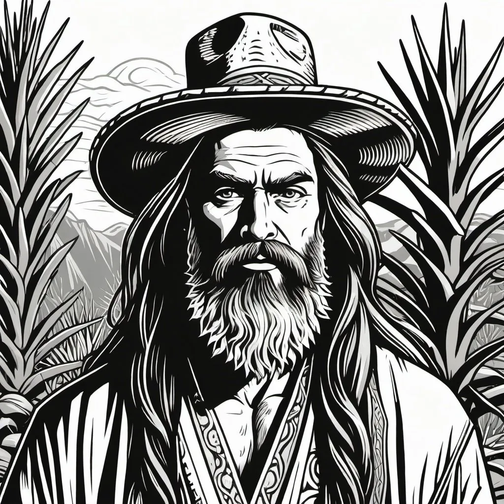 Prompt: woodcut style, rugged druid, long hair, beard, agave plant background, black and white only