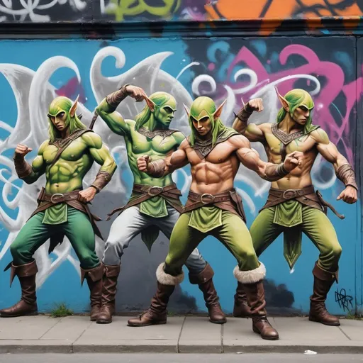 Prompt: a group of dancing muscular elven rangers, street art, graffitti, spray paint, dnd 