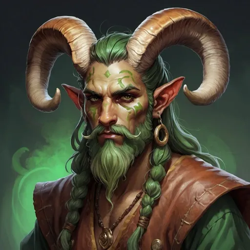 Prompt: early 20's Mushroom druid, tiefling, male, strong, mottled brown and green skin, ram's horns, long beard style
