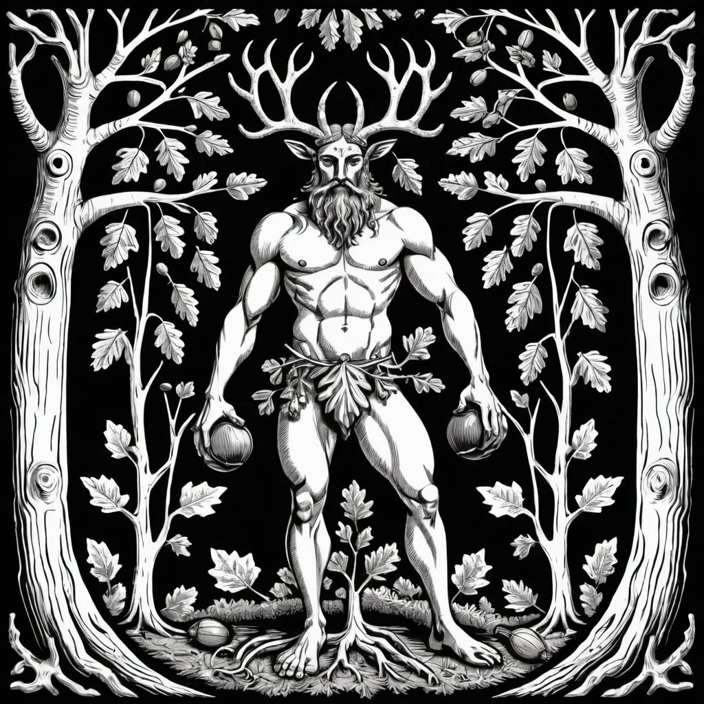 Prompt: woodcut style image, full body cernunnos, oak tree background, acorns, black and white