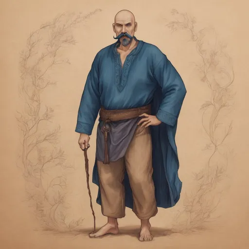 Prompt: full body illustration, middle aged human male druid, massage healer, dark blue mustache and goatee, shaved head,dark blue cotton cotton pants and shirt,on light brown paper.fantasy art, colored pencil detail texture