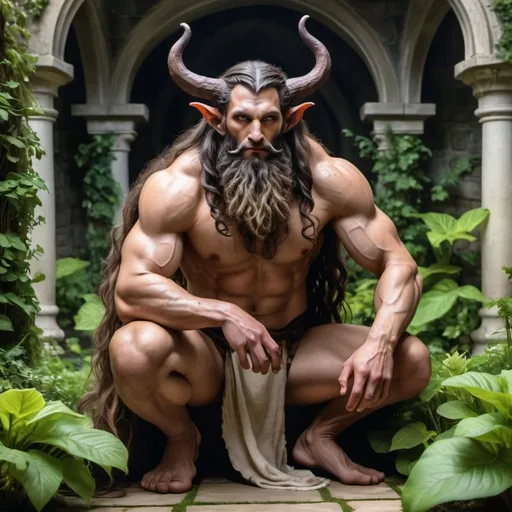 Prompt: a strong rugged 6 foot and 5 inches tall, 250 pound male tiefling mushroom druid with mottled tan skin, cloven hooves, and long wavy dark hair and beard wearing only a loincloth is kneeling in a lush garden within an open courtyard of a manor