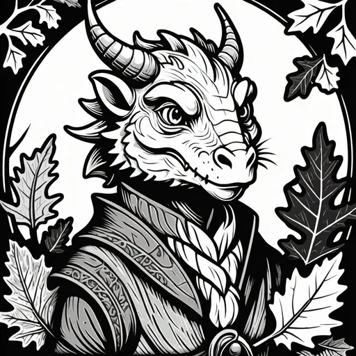 Prompt: woodcut style, handsome dragonling druid, oak leaf acorn background, black and white only