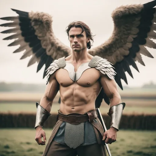 Prompt: strong male warrior,majestic wings,old English farm,posing,captured with soft focus and muted colors typical of early film photography