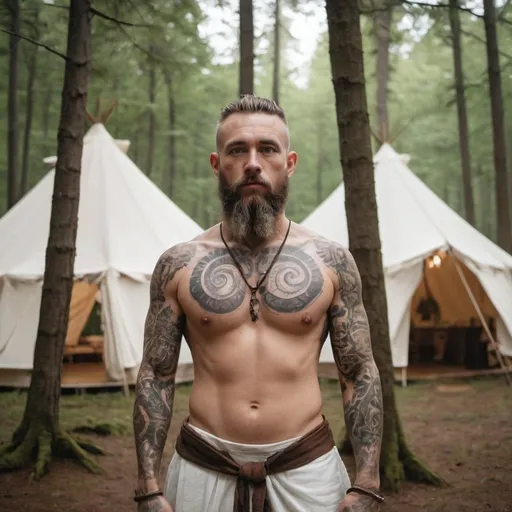 Prompt: a male massage therapist with many tattoos is dressed in iron age druid garb standing in the forest in front of his white canvas tent