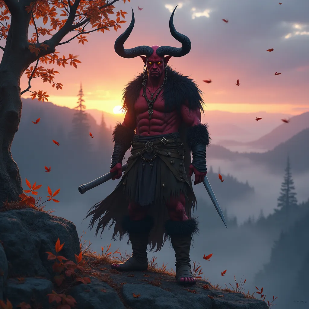 Prompt: Envision a rugged male tiefling druid standing on a craggy cliff, overlooking a  misty, urban forest under a twilight sky. His striking red skin glistens with the fading light, casting a warm glow against the cool hues of the encroaching night. Majestic jagged horns curl upward, silhouetted against the soft pastel colors of the sunset, creating an imposing yet serene figure. His piercing eyes, filled with wisdom and depth, scan the horizon as leaves swirl gently around him, caught in the breath of a whispering, autumn breeze. He is clad in earthy tones, with accentuating furs and leather that blend seamlessly into the wild surroundings. The atmosphere is charged with the energy of nature, as fireflies begin to flicker to life around him. Cinematic lighting captures this moment, highlighting his fierce yet contemplative nature.