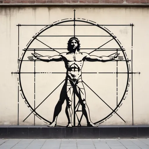 Prompt: Banksy style Vitruvian man, street art, stencil, satirical, black and white