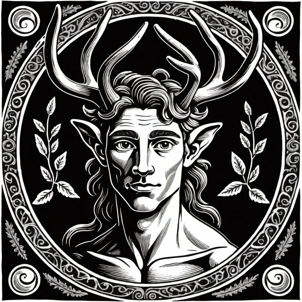 Prompt: vintage linocut style, young cernunnos, black and white only