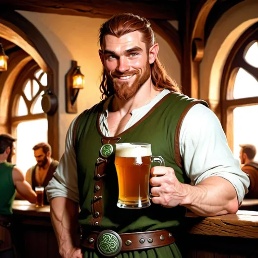 Prompt: full body muscular 30 year old handsome celtic male human druid smirking character holding a pint of ale in a tavern , fantasy character art, illustration, dnd, warm tone