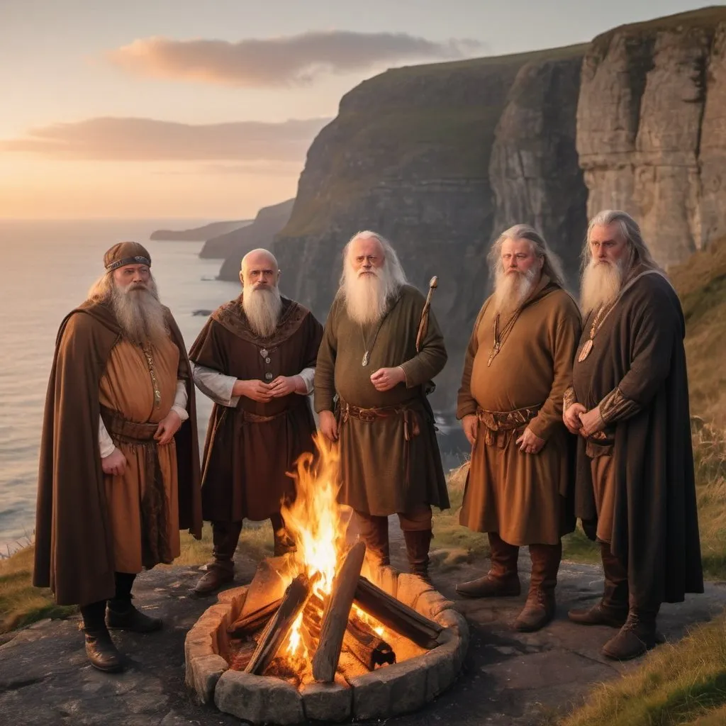 Prompt: a gathering of different aged male wizards are dressed in iron age irish garb standing near a fire near a cliff overlooking the ocean at sunset.
