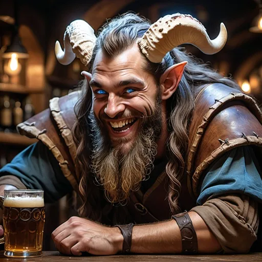 Prompt: a strong rugged 6 foot and 5 inches tall, 250 pound male tiefling mushroom druid with glowing blue eyes, mottled tan skin, and long wavy dark hair and beard is laughing as he sits at the bar in a medieval pub with an ale in his hand