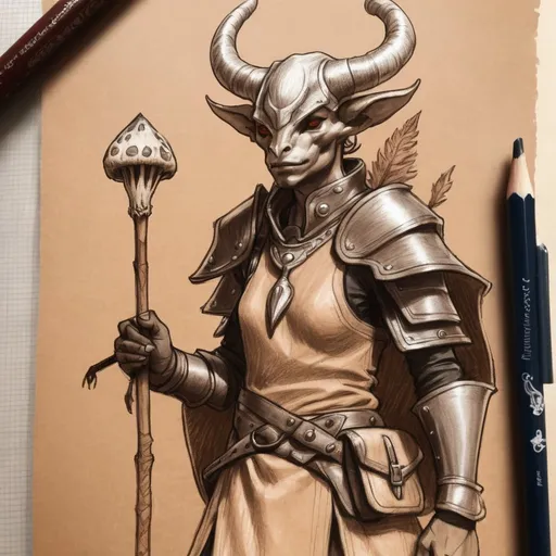 Prompt: sketch Tiefling mushroom druid, armor leather,staff,on light brown paper.dnd art, pencil detail texture