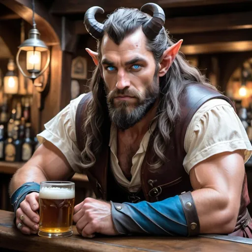 Prompt: a strong rugged 6 foot and 5 inches tall, 250 pound male tiefling druid with blue eyes, light blue skin, long wavy dark hair and a full beard is scowling as he sits at the bar in a medieval pub with an ale in his hand. He is wearing only a leather vest with his bulging biceps exposed.