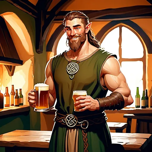 Prompt: full body muscular 30 year old handsome celtic male human druid winking character holding a pint of ale in a medieval inn , fantasy character art, illustration, dnd, warm tone