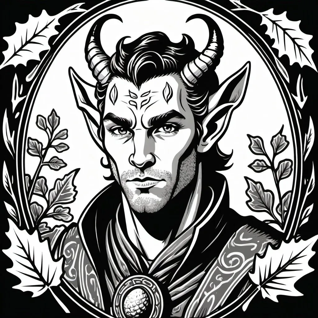 Prompt: woodcut style, handsome tiefling druid, oak leaf acorn background, black and white only