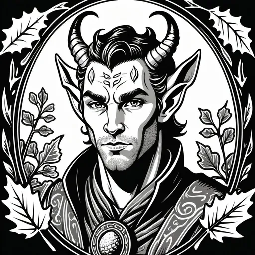 Prompt: woodcut style, handsome tiefling druid, oak leaf acorn background, black and white only