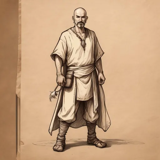 Prompt: full body sketch middle aged human male druid healer,mustache and goatee, shaved head,cotton pants and shirt,on light brown paper.Dungeons and dragons art, pencil detail texture