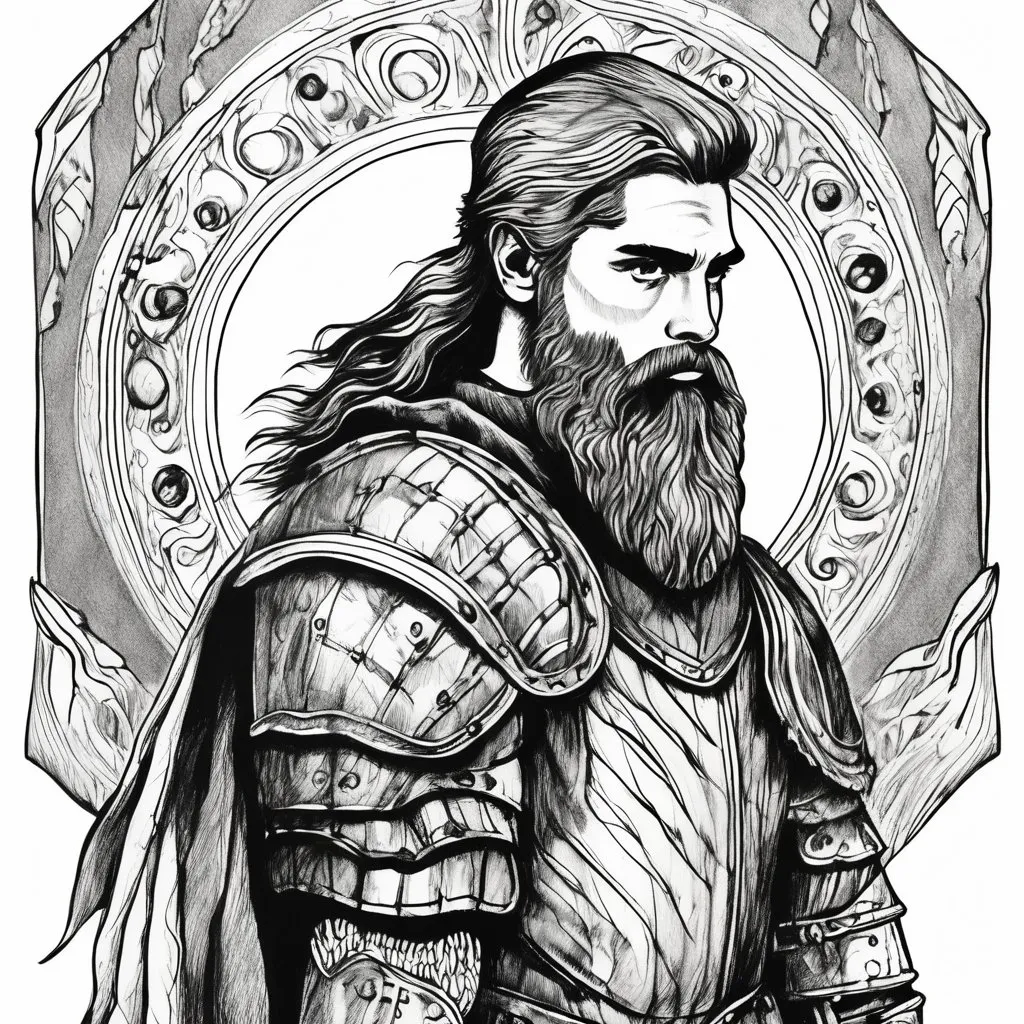 Prompt: Vintage clipart drawing of a young druid with a beard wearing leather armor, black and white, ink drawing