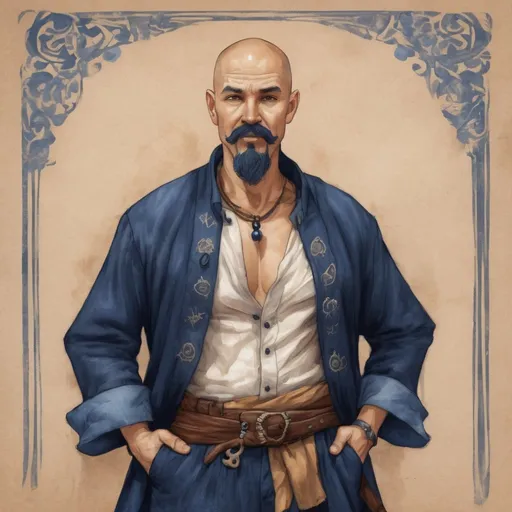 Prompt: full body illustration, middle aged human male druid, massage healer, dark blue mustache and goatee, shaved head,dark blue fitted cotton pants and pirate shirt,on light brown paper.fantasy art, acrylic paint detail texture