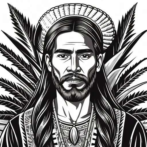 Prompt: woodcut style, handsome indigenous oaxacan, long hair, beard, ears of corn and agave plant background, black and white only