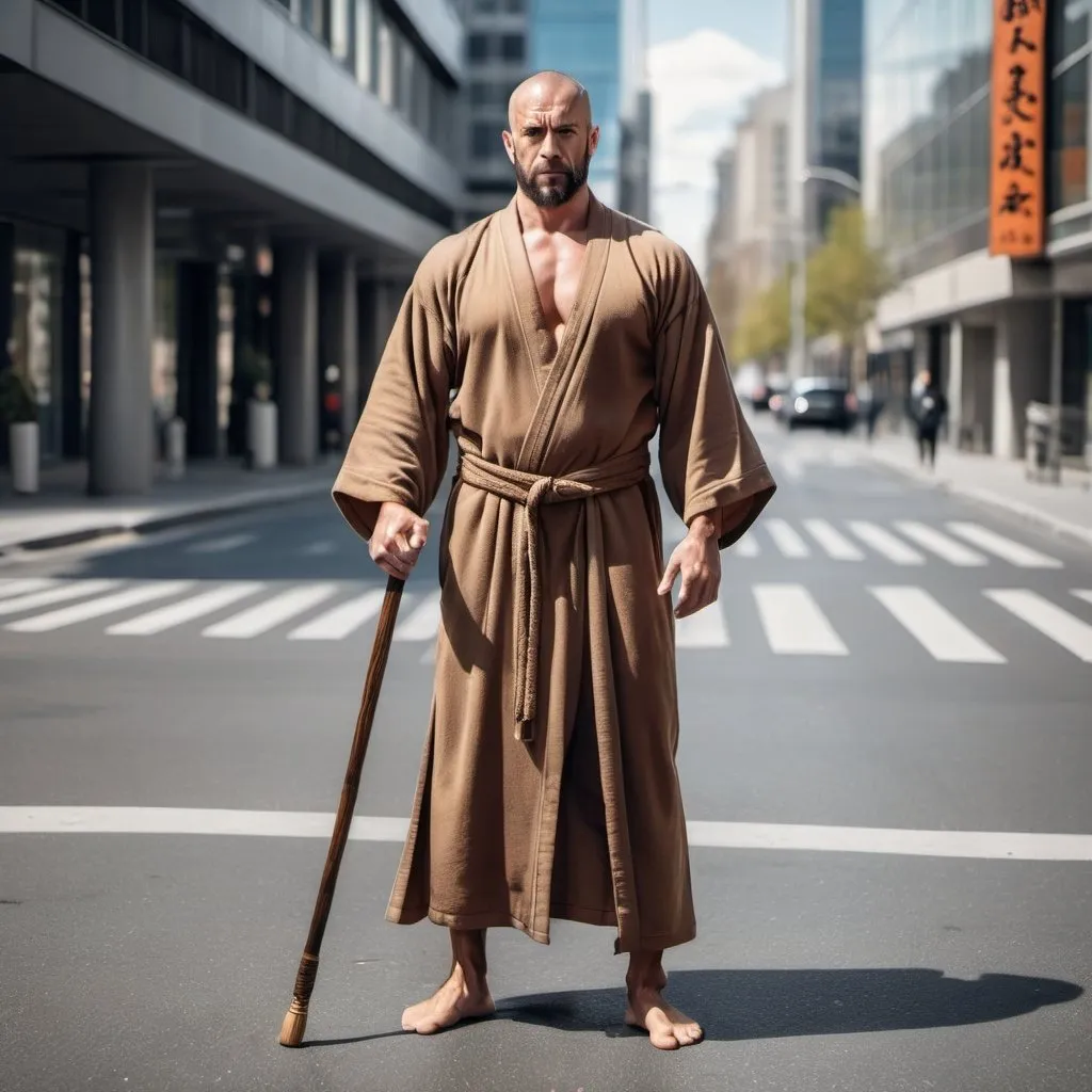 Prompt: full body strong rugged man with bulging muscles wearing zen robes and holding a wooden staff. He stands in the middle of the street in a modern city