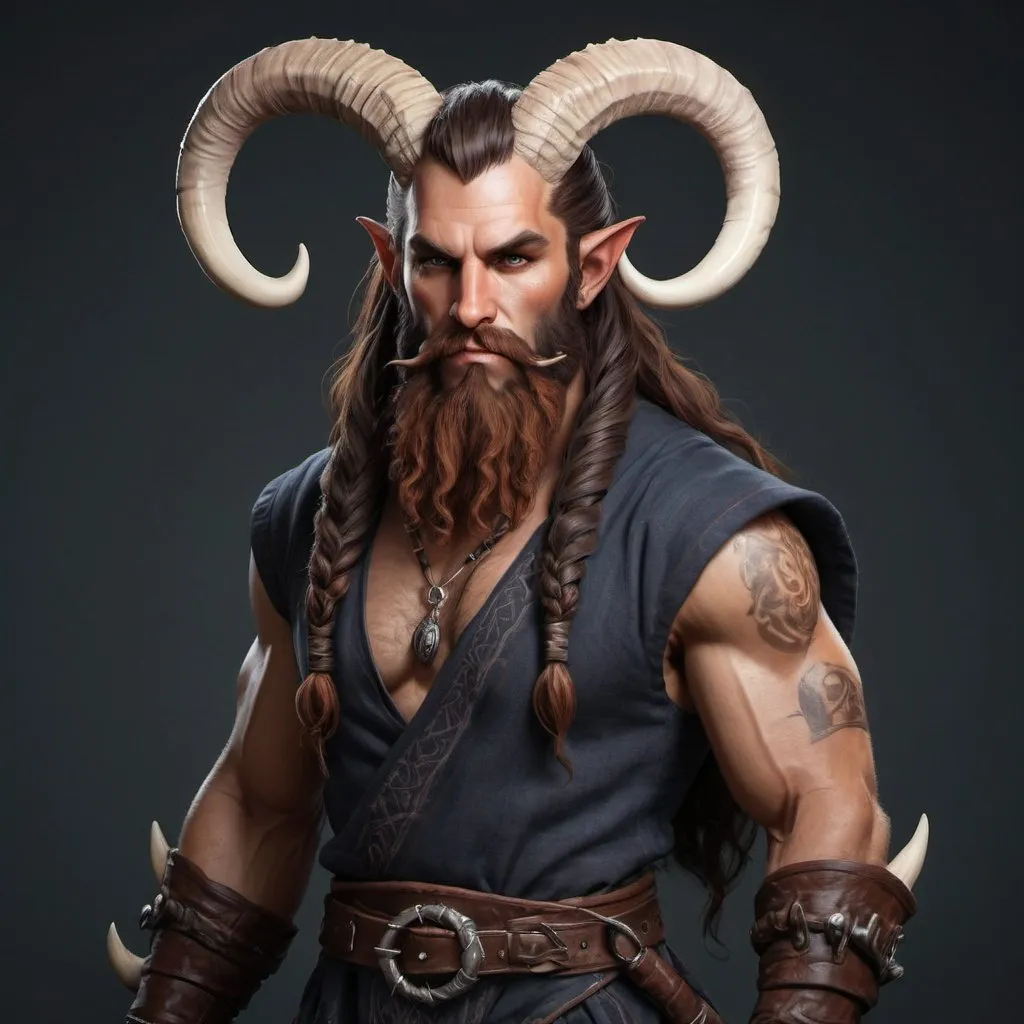 Prompt: realistic, full body, rugged, tiefling, druid, scottish, majestic horns, strong, male long beard style