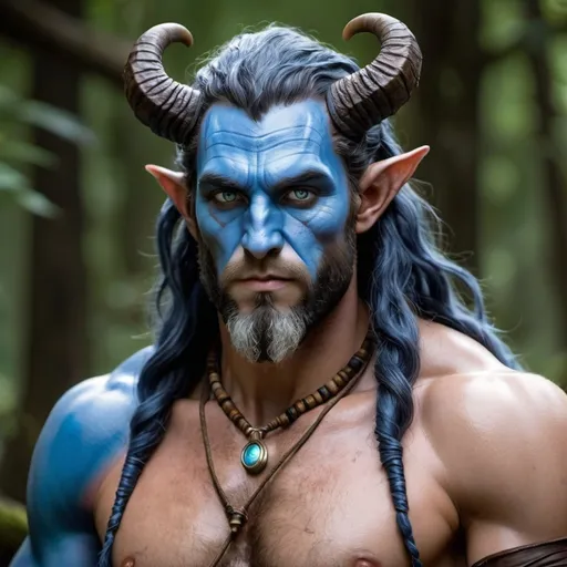 Prompt: a strong rugged 6 foot and 5 inches tall, 250 pound male tiefling druid with blue eyes, blue skin, long wavy indigo hair and a full beard is wearing only a loincloth