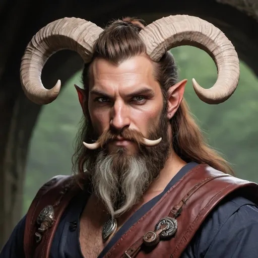 Prompt: rugged, tiefling, druid, scottish, majestic horns, strong, male long beard style