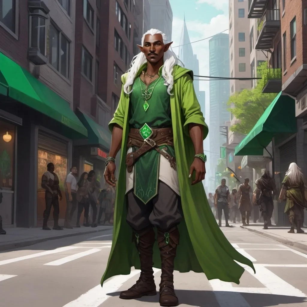 Prompt: full body d&d illustration of a dark skinned elven druid with bright green eyes, shining white hair and mustache levatating above the street in a modern city. 