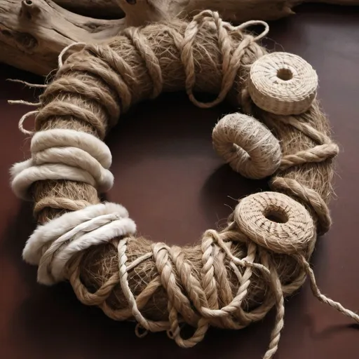 Prompt: a druidic focus made of natural cordage, rabbit fur, snake vertebrae, wood