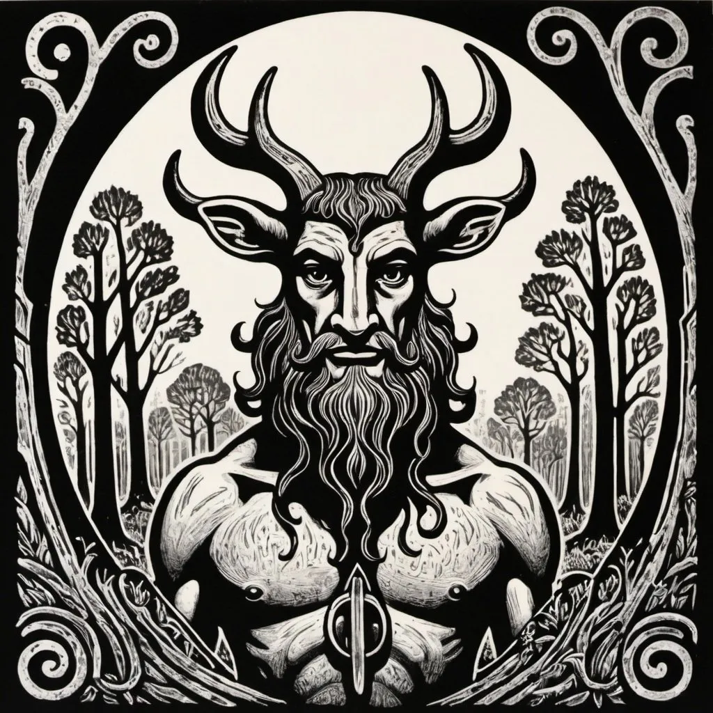 Prompt: 1960's linocut style, young cernunnos, black and white only